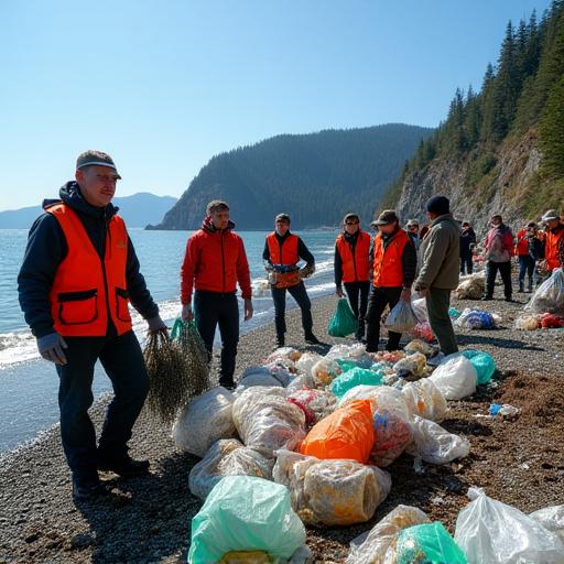 Volunteers collecting marine debris from a scenic BC shoreline as part of a Fjord Fin conservation initiative.