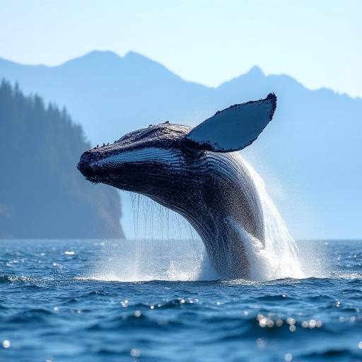 A humpback whale breaching out of the water, showcasing its powerful tail with British Columbia's coastal mountains in the background.