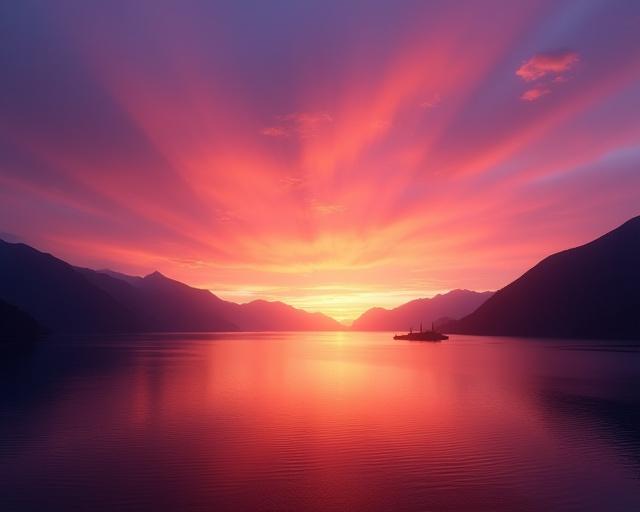 A breathtaking sunset painting the sky with fiery oranges and purples over a tranquil British Columbia fjord.