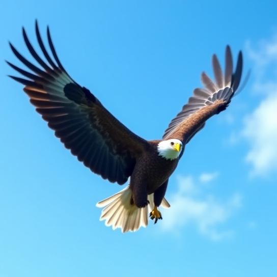 A majestic bald eagle in sharp focus, soaring gracefully through an azure sky with a freshly caught fish firmly in its talons.