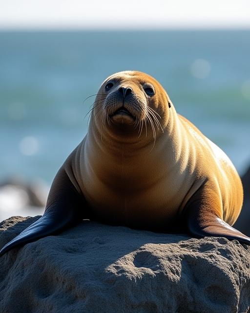 A large Steller sea lion basking in the sun on a rugged coastal rock outcrop in British Columbia.